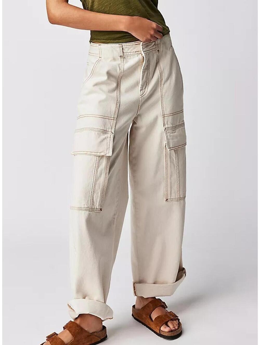 Free People Women's cargo Jeans Sz 30 wide leg  pant beige pockets boyfriend NEW